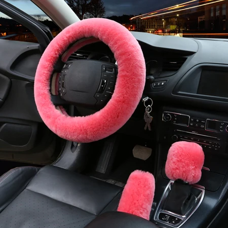 Pink Оплётка на Руль 3 шт./компл. шерстяной зимний Автомобильный руль крышка ручной тормоз и шестерня переключения передач крышка 6 цветов Теплый мягкий для автомобиля Авто Руль - Название цвета: Pink