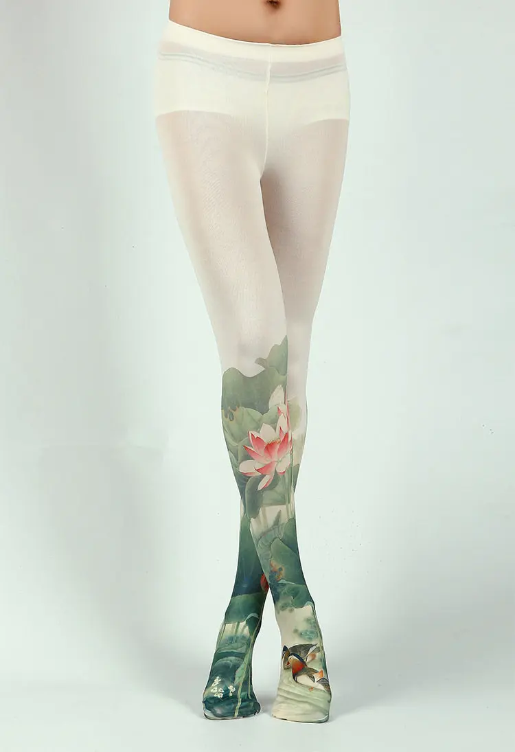 Колготки с принтом лотоса в китайском стиле Оптовая продажа | Женская одежда