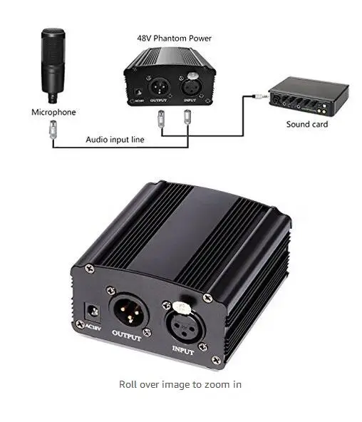 

1-Channel 48V Phantom Power Supply with Adapter and XLR Audio Cable for Any Condenser Microphone Music Recording Equipment