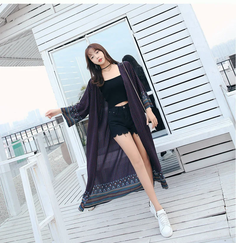 Fitshinling Boho polka dot striped swimwear beach cover up long cardigan ethnic summer kimono holiday slim bokini outer covers |