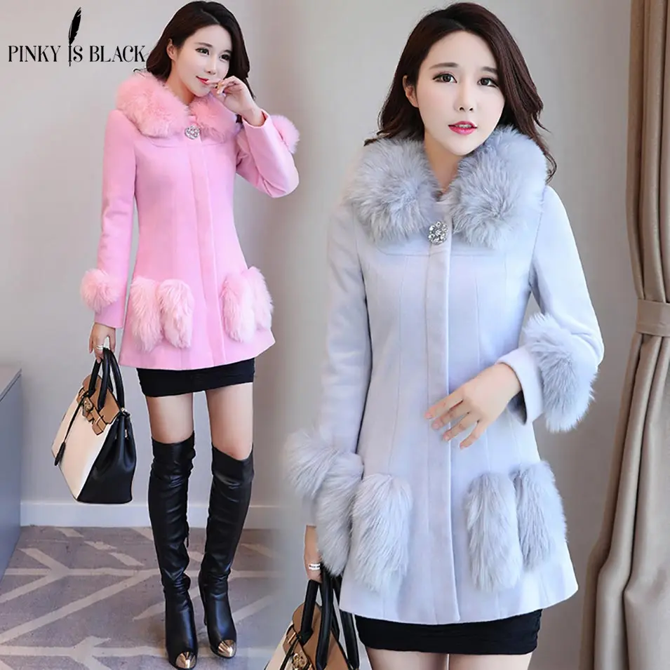 Pinky Is Black New 2019 Winter Collection Woolen Coat Women Fashion Fur Collar Long Womens Wool Blended Jacket Female Hot Sale