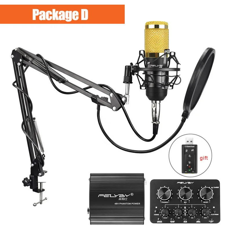 Black Package D FELYBY Профессиональный записывающий конденсаторный микрофон bm 800 подарок USB звуковая карта караоке микрофон для компьютера Live mic стенд - Цвет: Black Package D