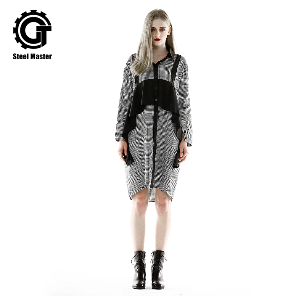 

2019 Spring And Summer Punk Style Women's New Ins Long Shirt Dress Hong Kong Style Street Wind Houndstooth Irregular Dress