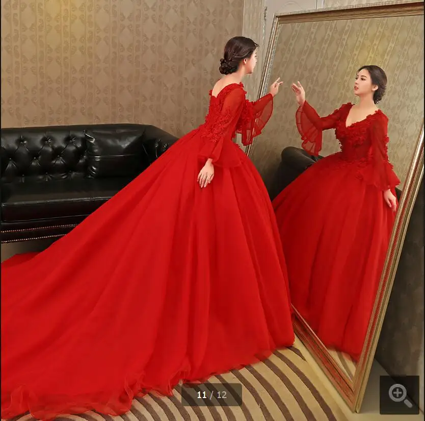 Robe de Свадебный шарик платье Красные Свадебные платья с длинным рукавом Кружева аппликации свадебное платье мусульманское Часовня Поезд королевские свадебные платья