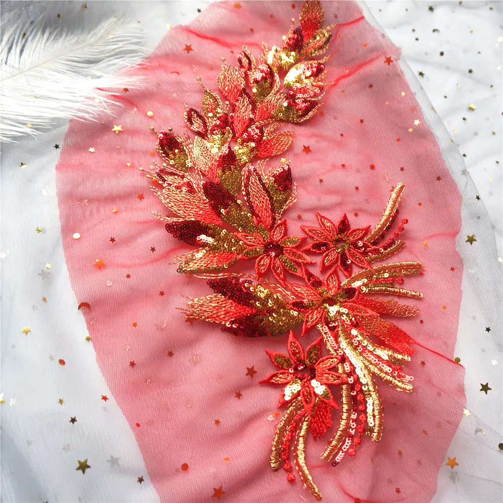 Красные золотые блестки искусственные цветы Аппликации кружевная отделка