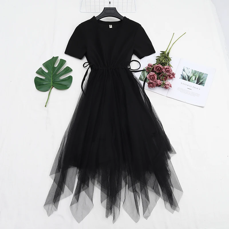 Fitaylor лето платье с фатиновой юбкой Для женщин Высокая Талия Подол Асимметричная