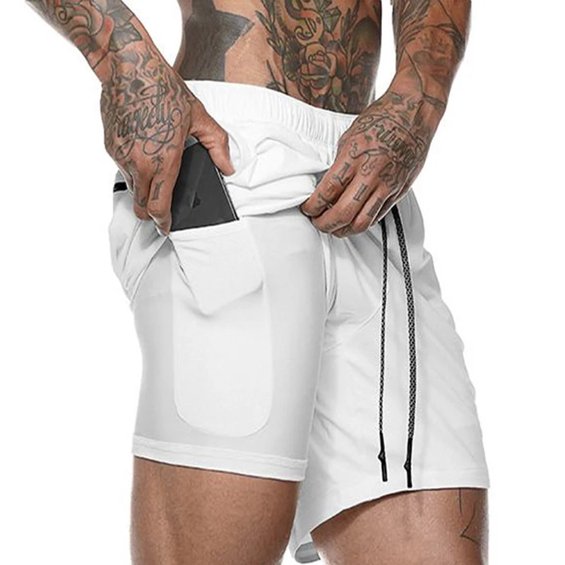 2 em 1 dos homens Shorts de Corrida Seguranca Bolsos Calcoes Secagem Rapida Desporto Lazer Embutidos Quadris Hiden | Мужская одежда