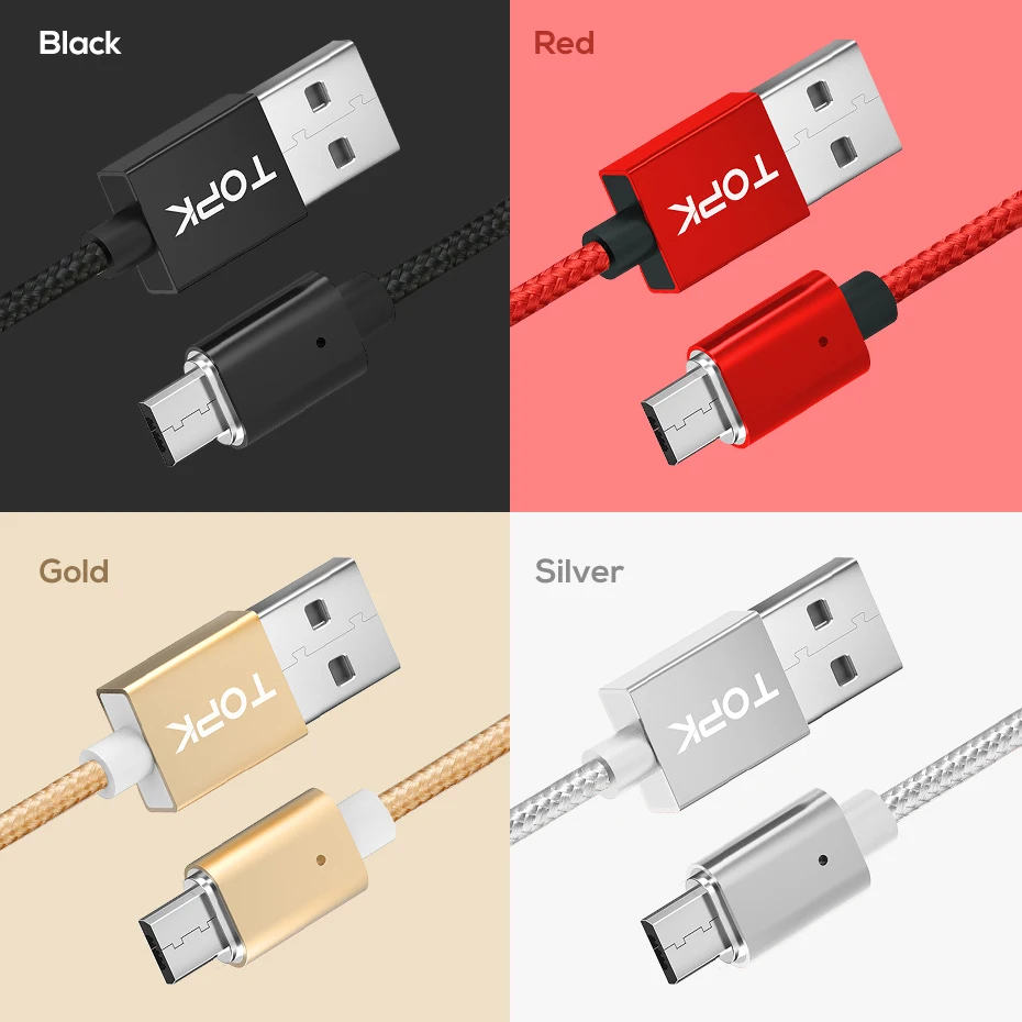 TOPK 1 м 2 м 2.4A Магнитный Micro USB кабель, обновленный нейлоновый Плетеный светодиодный usb-кабель с индикатором для зарядки телефонов Micro USB для samsung