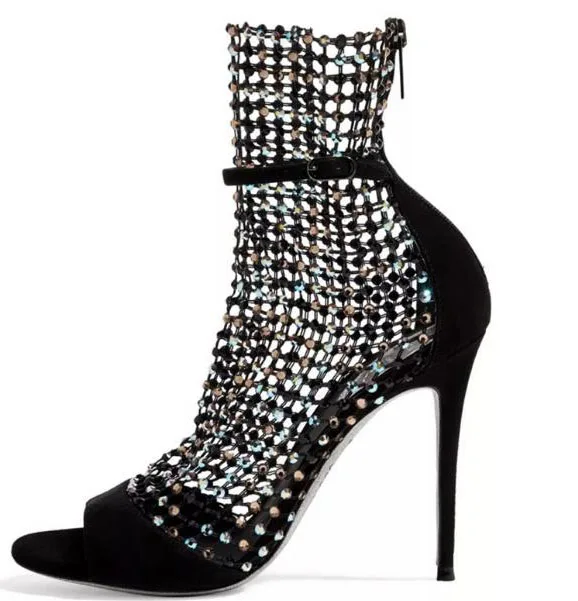 

Moraima Snc Newest Peep Toe High Heel Sandal for Woman Crystal Embellished Caged Style Thin Heels Shoes Rhinestones Wedding Heel