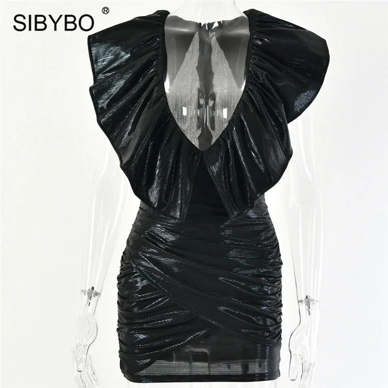 SIBYBO сексуальное мини-платье с оборками и v-образным вырезом, модное летнее женское платье без рукавов, черное Плиссированное элегантное вечернее платье