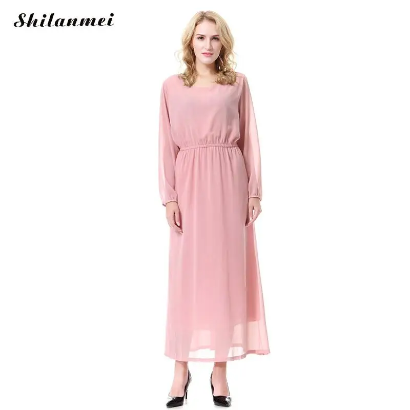 Женское шифоновое мусульманское платье макси с длинным рукавом Musulman Abayas розовое