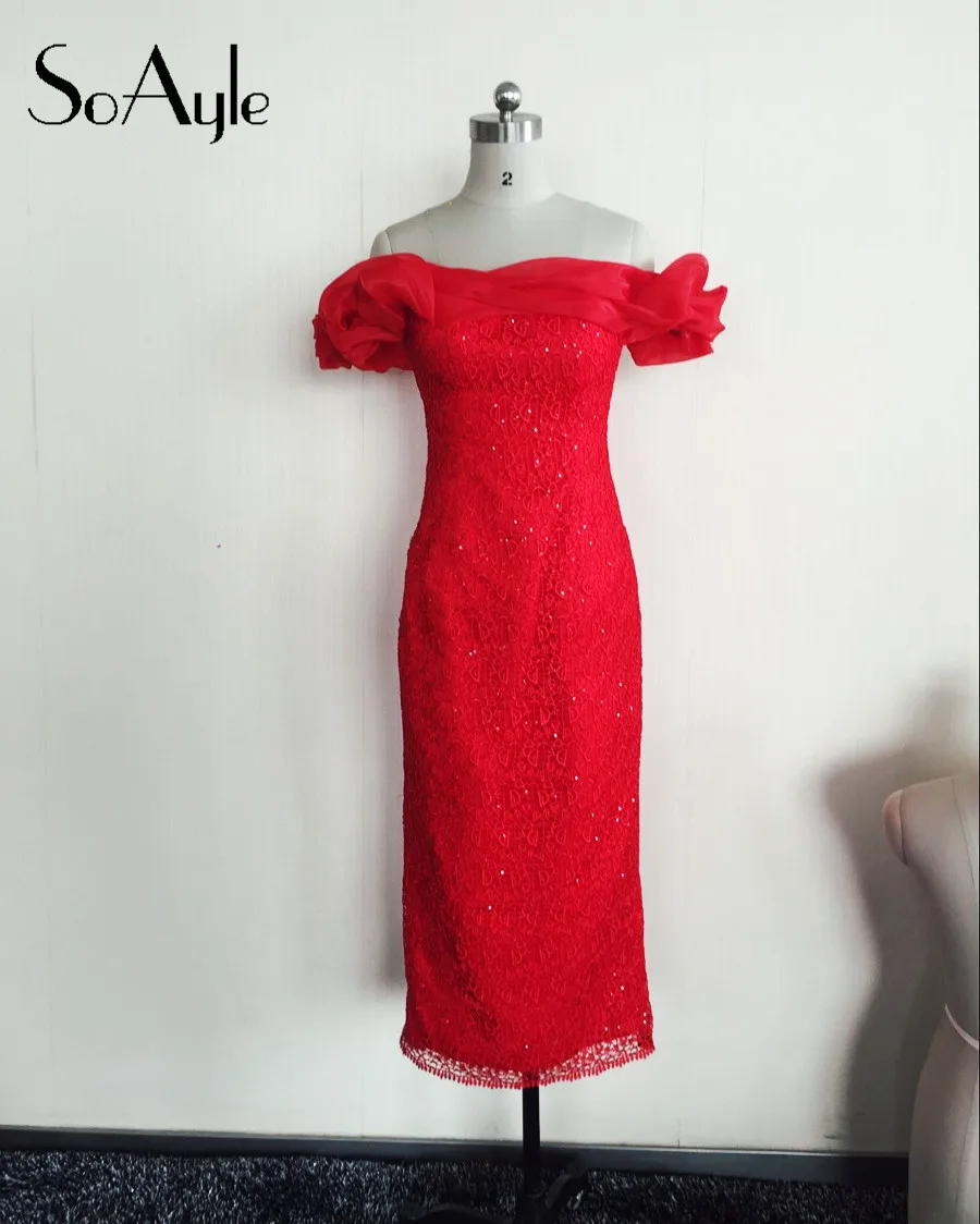 

SoAyle Sheath Real Picture Red Tea Length Pencil Dress Sequin Lace Cocktail Dresses 2016 Robe Ajax Vestidos De Festa for Women
