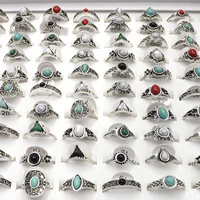 XiaoYaoTYM 50pcs Antique Silver Color Vintage Style Rings With Mixed Stones For Women
