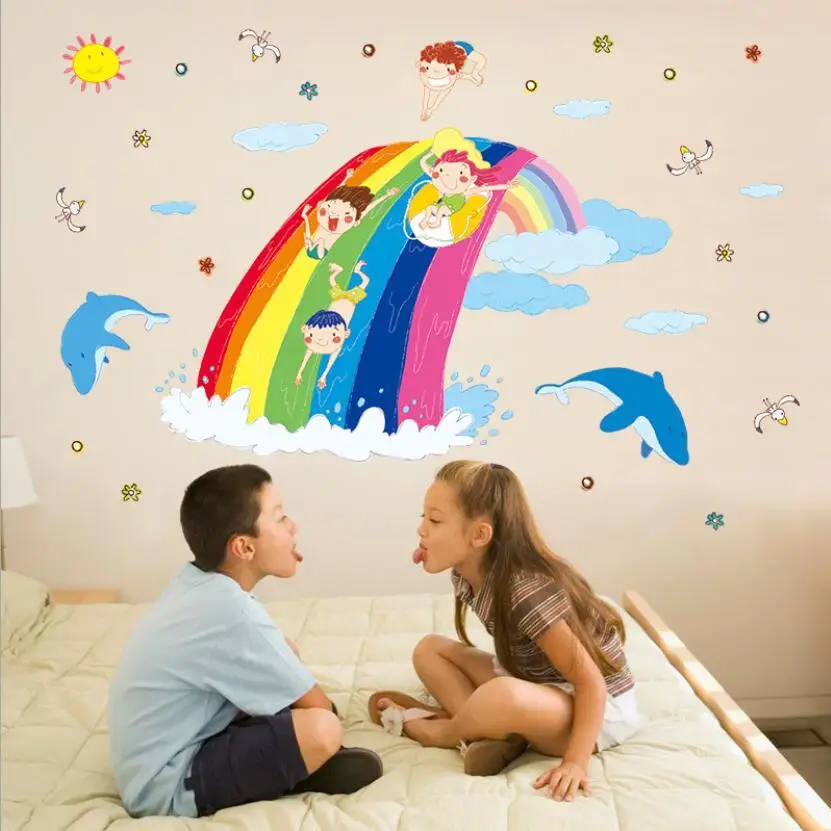 

Colorful Rainbow Waves Kids Rooms Decor Stickers Happy Childhood Boys Girls Bedroom Decoration Sticker Bathroom Poster XN063