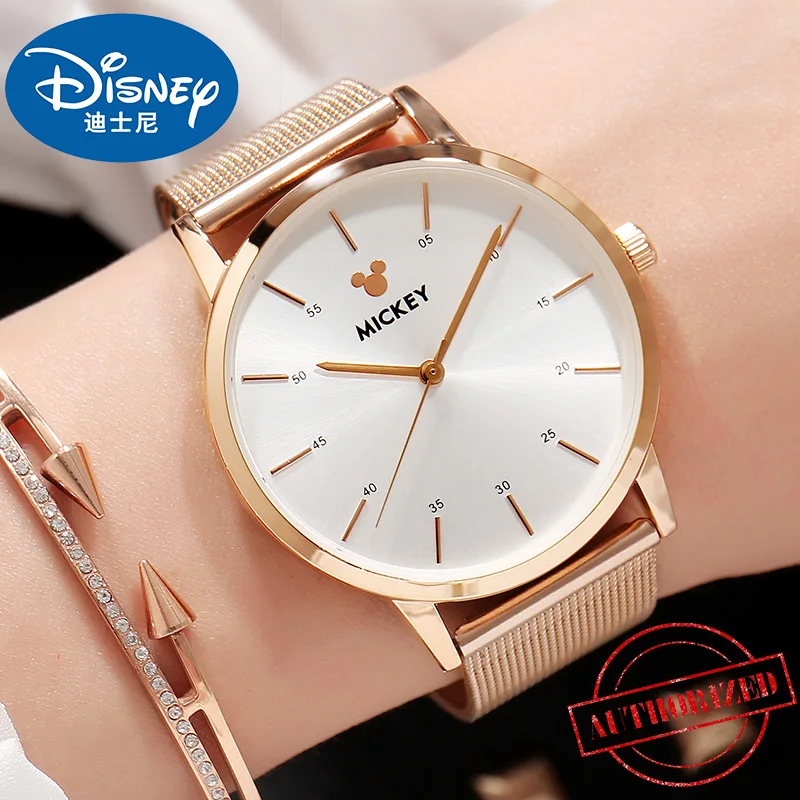 Новые оригинальные женские часы disney из розового золота, водонепроницаемые, полностью стальные, круглые, простые, модные часы «Микки», роскошные, лучший подарок для девочек, высокое качество