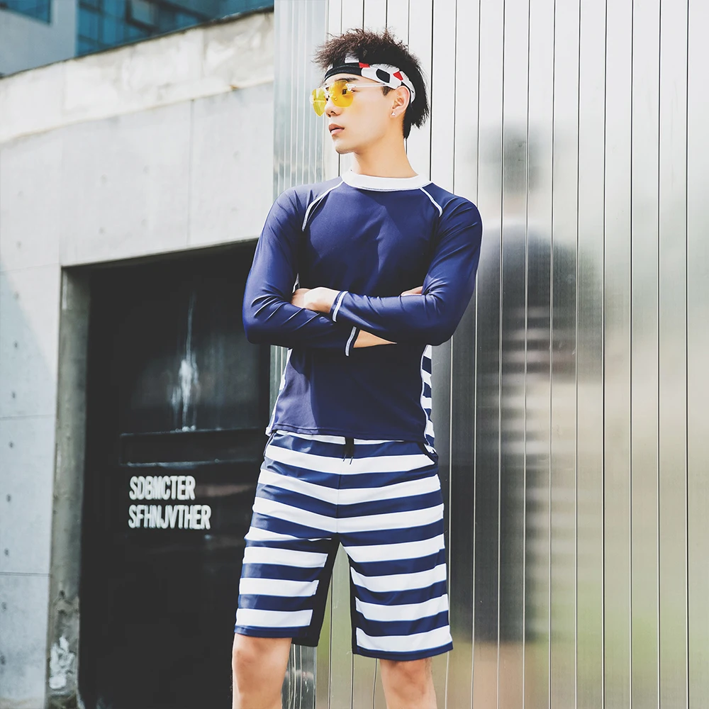 

Aonihua Two piece swimsuit Long Sleeve Body Suit Stripes Sport Short Pants Surfing Bathing Suits Sport Suit For Couple