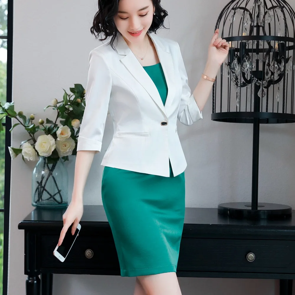Fmasuth 2018 Women Office Dress Suit 3/4 Sleeve White Jacket+Sleeveless Green Work Set Blazer Lady 111NHE881311 | Женская одежда