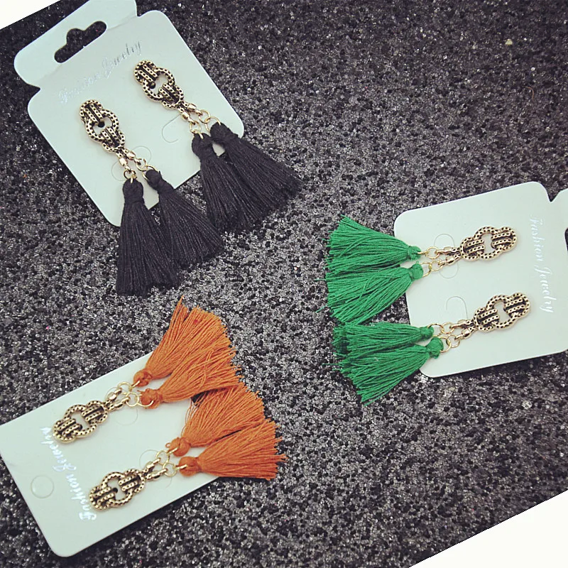 Новинка 2018 Винтажные серьги золотистого цвета с хлопковой кисточкой в