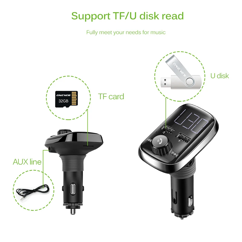 Onever Bluetooth Автомобильный fm-передатчик Handsfree автомобильный комплект радио FM модулятор Bluetooth Aux вход/выход Mp3 музыкальный плеер USB зарядное устройство