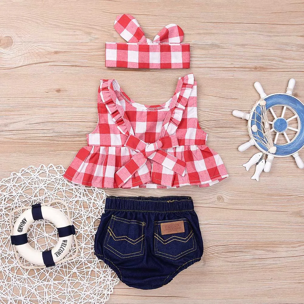 

MUQGEW 2019 Toddler Baby Girl Summer Plaid Skirted T-shirt Tops+Denim Shorts Clothes Set baby girl clothes Newborn Outfits #06
