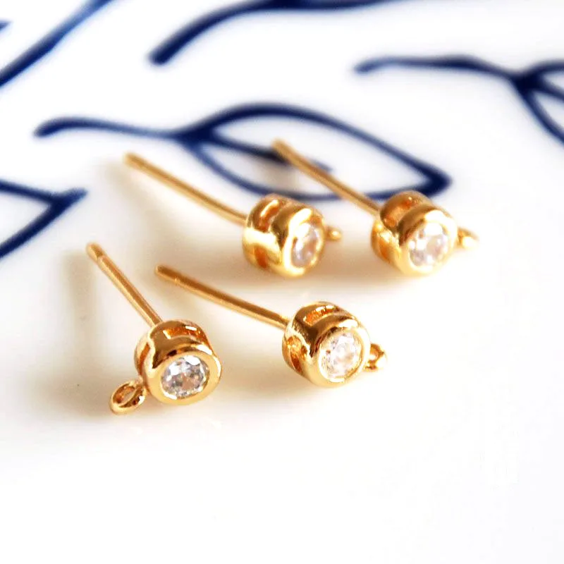 Позолоченные серьги гвоздики с фианитами 4 шт./лот|gold plated earring hooks|earring hooksgold hooks |