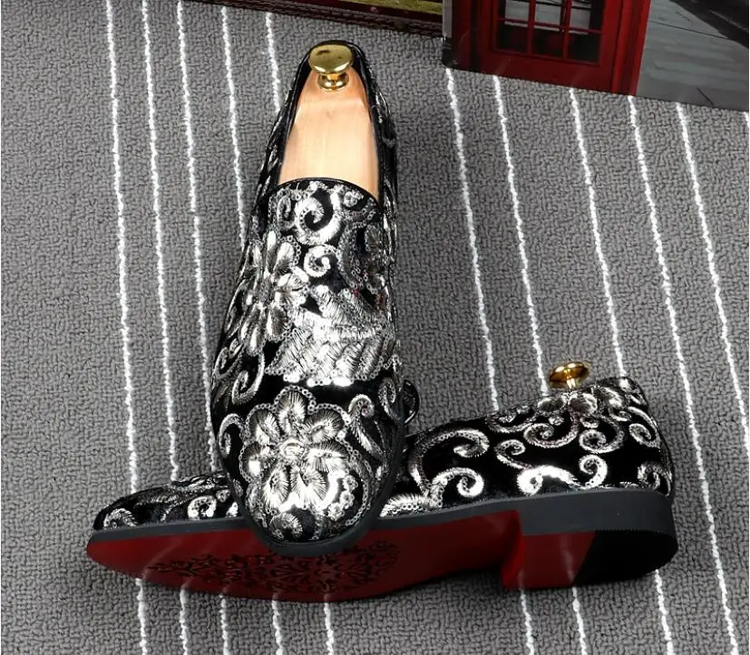 Gold RED Embroidered Luxury Loafers Shoes Men Round Toe Sewing Dress Wedding Shoes Male Slip On Rihanna Creepers Casual Flats