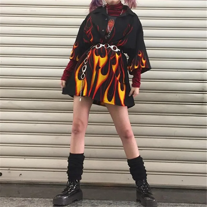 black Осень-зима, Harajuku, панк блузка для девочек, рубашки, готический принт с пламенем, топы, блузы, свободное модное длинное пальто, женская одежда - Цвет: black