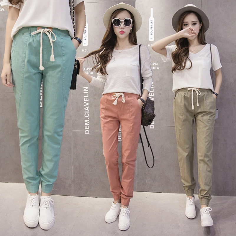 Брюки женские из хлопка и льна повседневные облегающие брюки султанки с