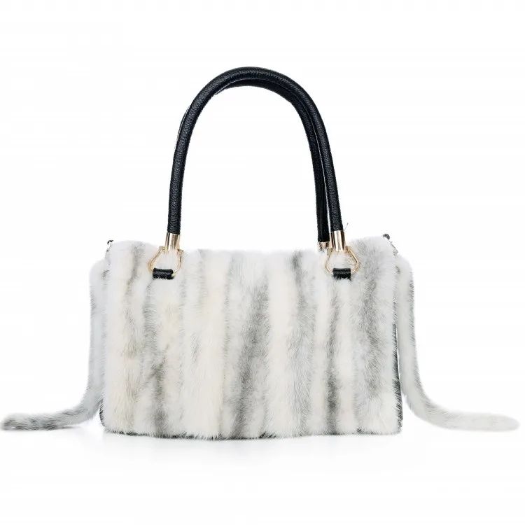 barato Branco Cinza Listrado Pele De Vison Bolsas Femininas Bolsa De Couro Mochila Cruz Branca Vison Peles Listras Sacos Com Cauda