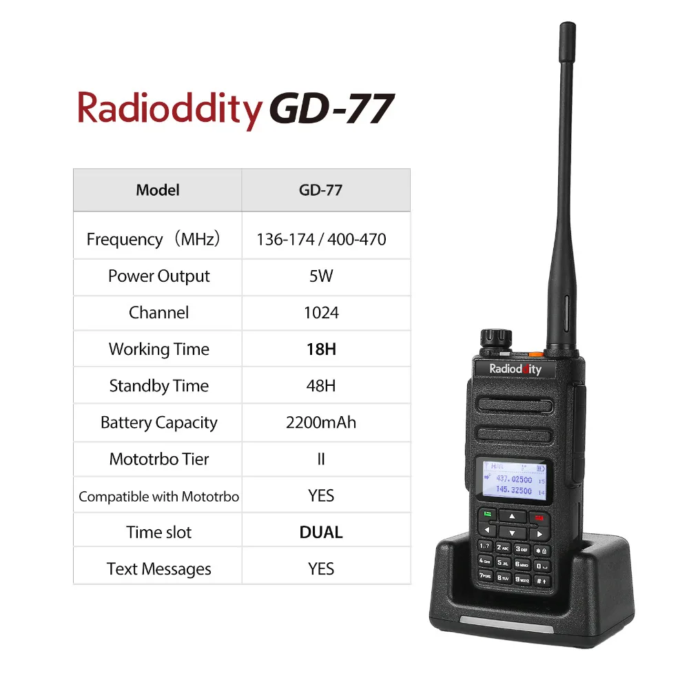 Цифровой Двусторонней Радиосвязи Radioddity GD-77 Dual Band Dual Time слот Walkie Talkie Motrobo уровня 1 уровня 2 приемопередатчика DMR с кабелем
