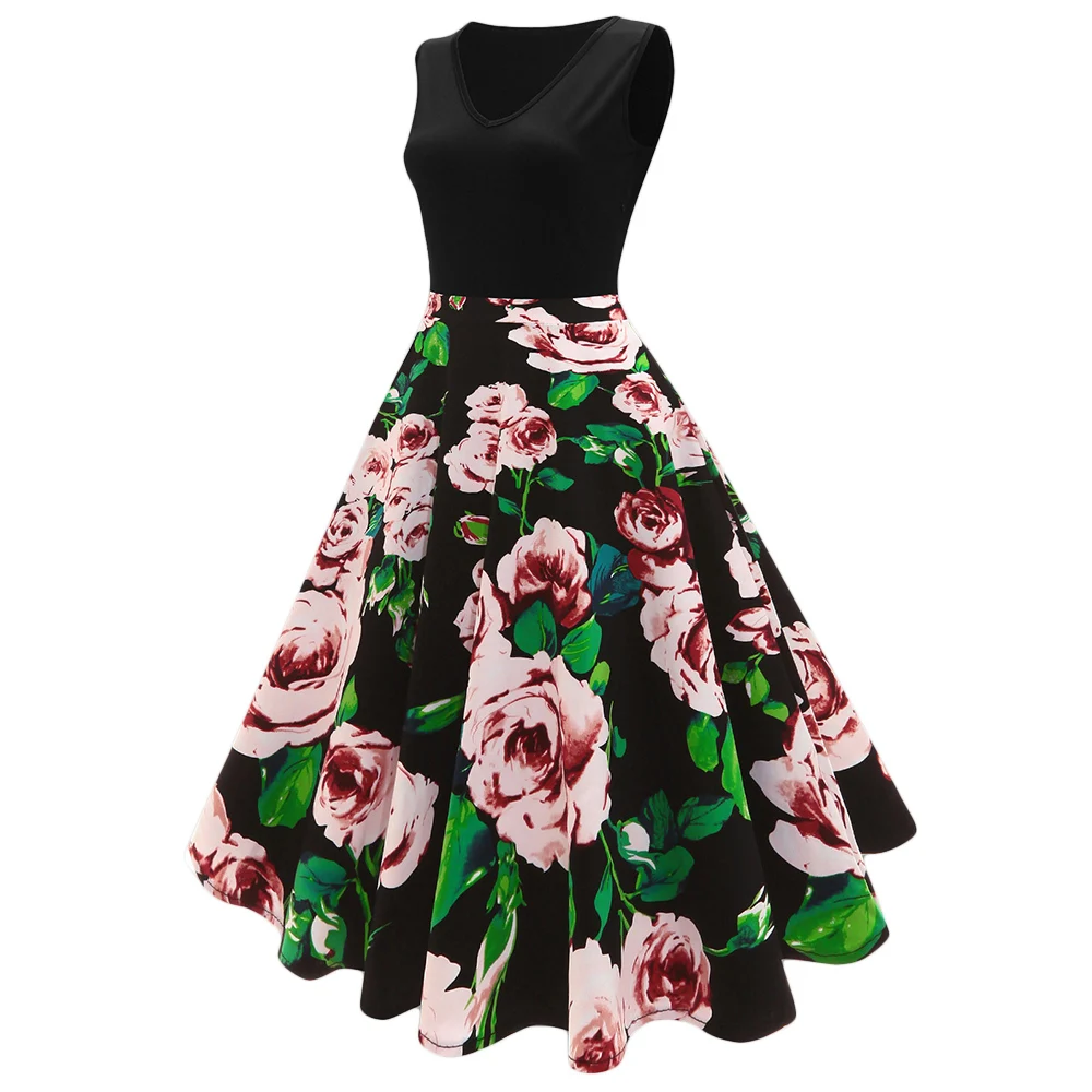 LANGSTAR Ретро летнее платье женское плюс размер высокая талия цветочный принт