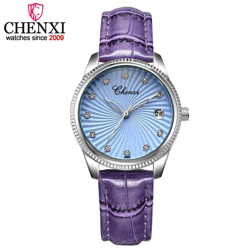 

CHENXI женские кварцевые часы с фиолетовым кожаным ремешком для влюбленных, роскошные модные женские часы под платье, ювелирные часы, Relogio Feminino