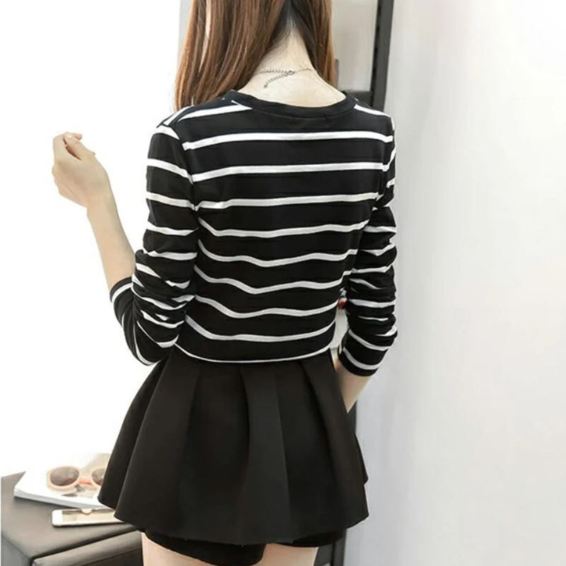 Женская футболка из хлопка полосатая с длинным рукавом круглый вырез легкая