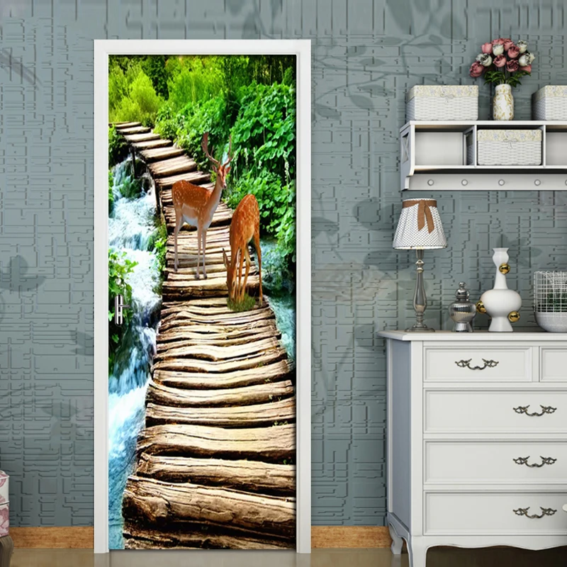 Наклейка на дверь с оленем и деревянным мостом Sika декоративный постер сделай сам
