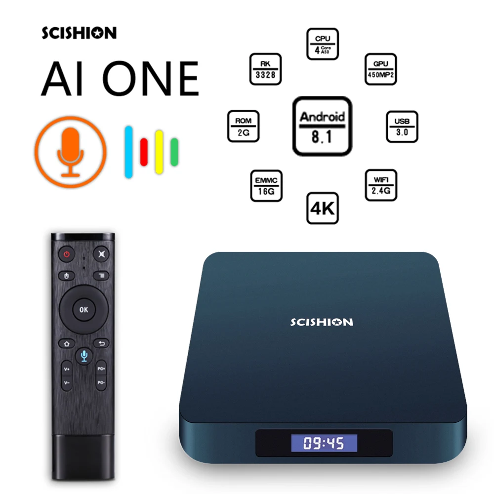 SCISHION AI One Android tv Box android 8,1 4K 2G/16G WiFi BT4.0 медиаплеер дисплей экран Голосовое управление PK Z28 X96mini tv box