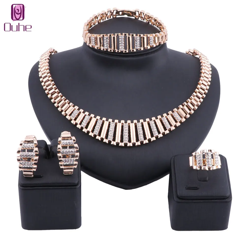 

Fashion African Beads Jewelry Sets For Women Wedding Vintage Dubai Gold Crystal Necklace Earring Ring Bracelet Jewellery Sets