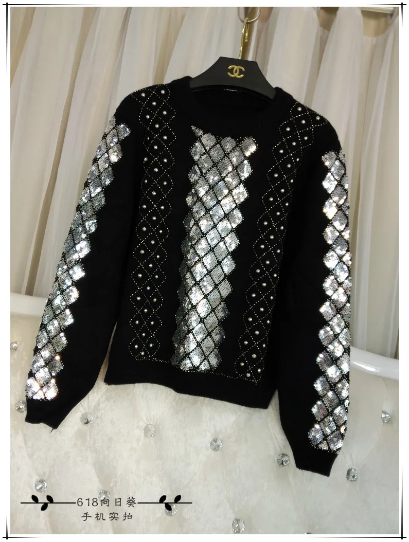 Cakucool Beading Knit Tops Women Long Sleeve O-neck Sequined Sweaters Plaids Embroid Shiny Jumpers Sweater Pullovers Female | Женская
