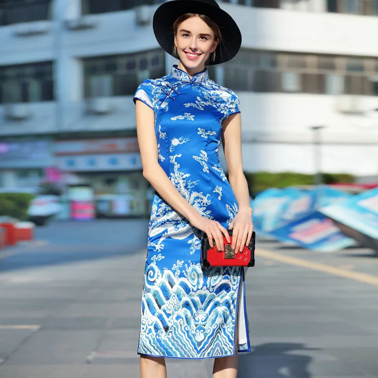 

Модные вечерние платья Qipao с изображением синего дракона для выпускного вечера