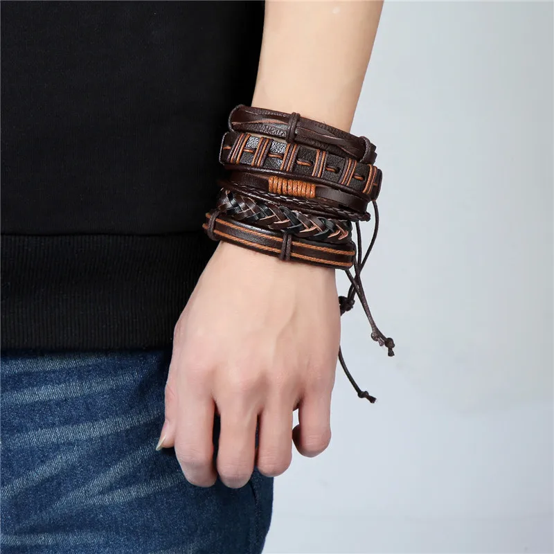 5 шт./компл. винтажные в виде листика Перо Многослойные Кожаный браслет для мужчин