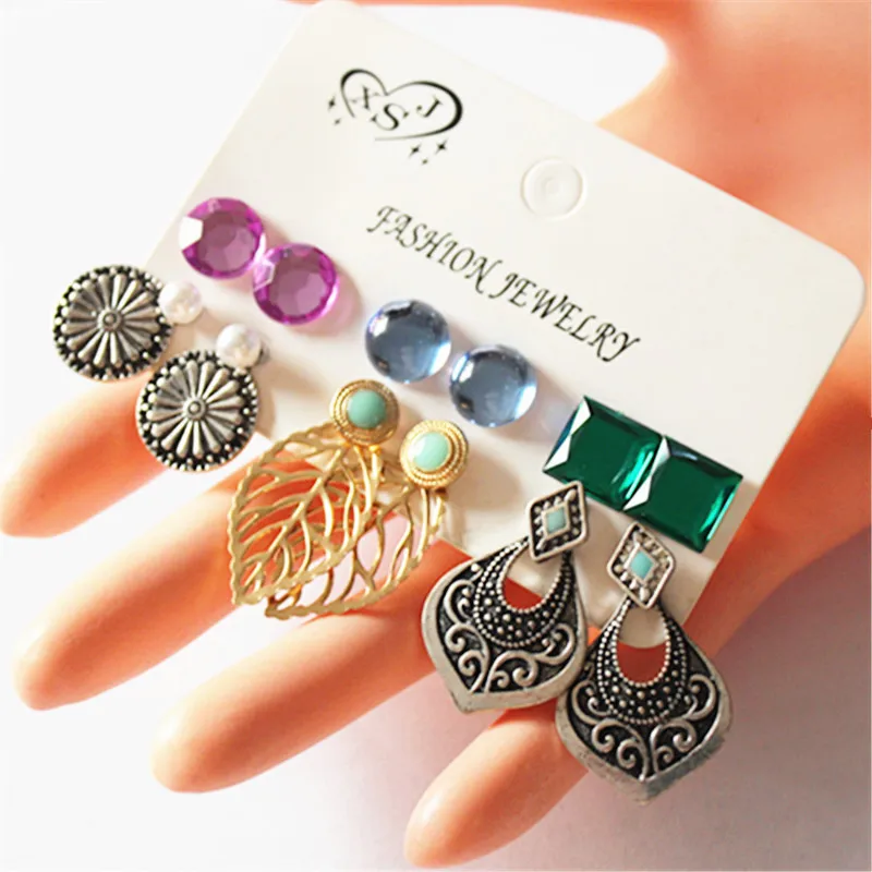 New fashion women jewelry wholesale girl boho earrings beautiful pink/ green mix type 9 pairs / set gifts free shipping | Украшения и