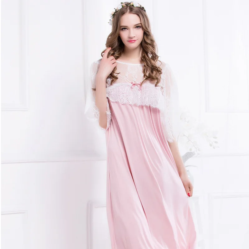 

2020 Sleepwear Female Summer Modal Pink Elegant Lace Trumpet Sleeves Long Nightdress Princess Wind Woman Nightgowns L1601015