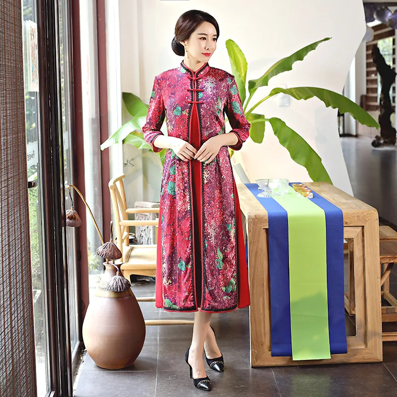 Осенне-зимнее женское платье Cheongsam Vestidos китайское Новогоднее красное платье три четверти китайское платье-Ципао с рукавами женское платье для сцены