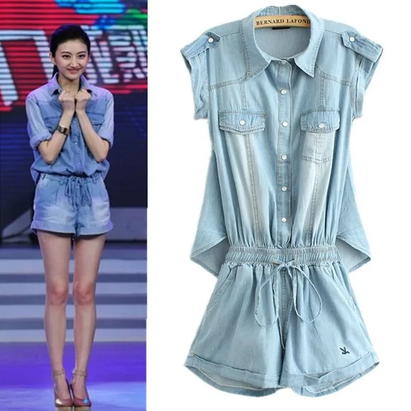 Denim Jumpsuit for lady 2013 loose Lapel pinched Elastic waist denim pants embroidery Rompers women firee shipping |