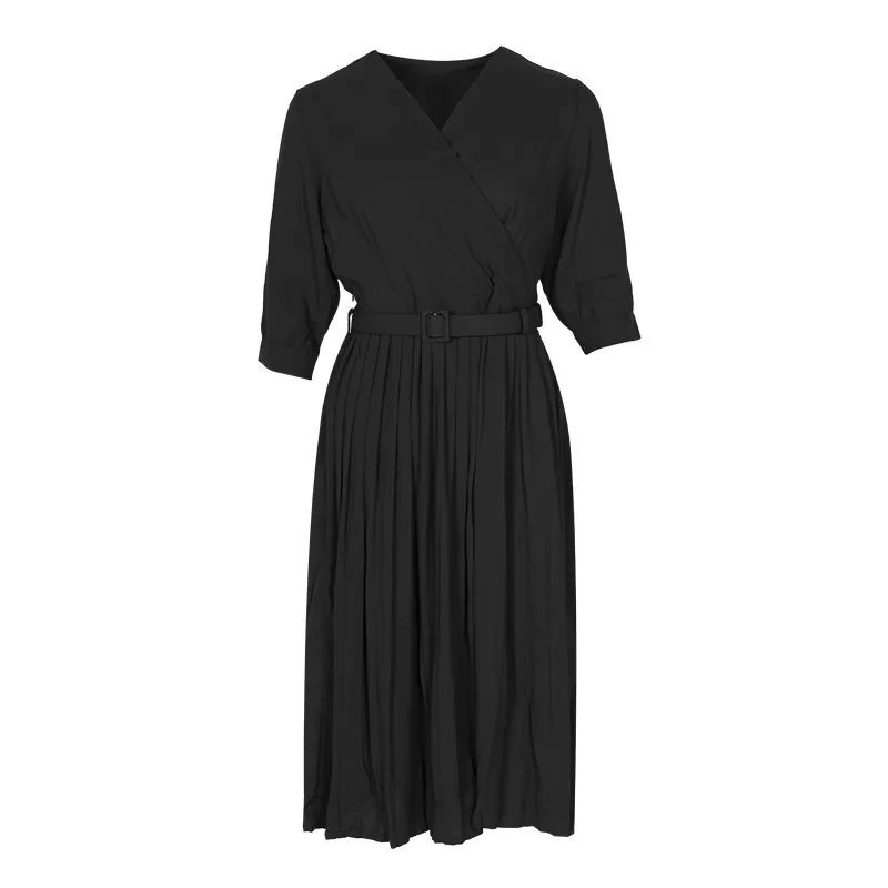 black TWOTWINSTYLE, летнее Однотонное Платье До Колена Для Женщин, v-образный вырез, половина рукава, высокая талия, плиссированные платья, женская мода, новинка - Цвет: black