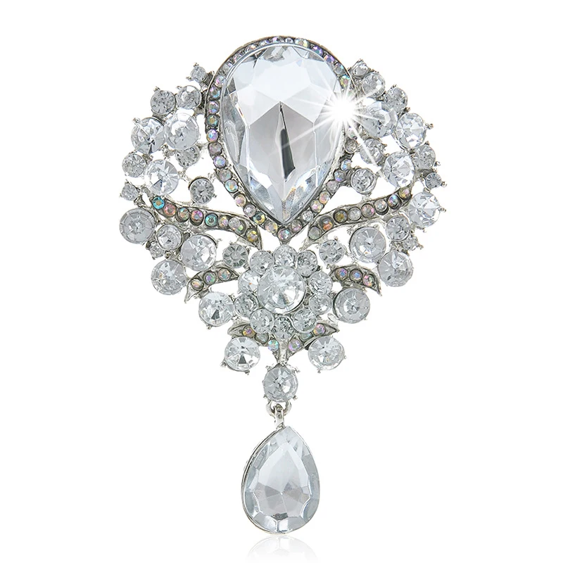 Hot Women Men Design Brooch Wedding Bridal Bouquet Clear Crystal Diamante Rhinestone Teardrop Dangle Brooch Pin