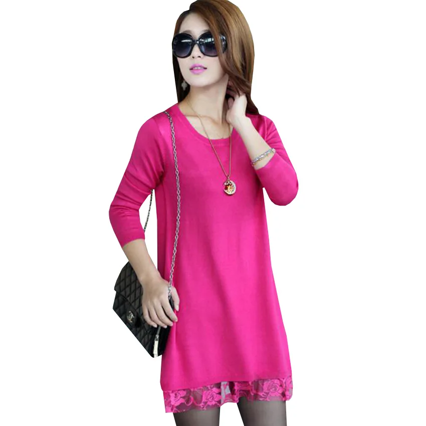 

Autumn Winter Sweater Dress Women Elegant Lace Patchwork Knitted Dresses Long Sleeve Pullover Mini Dress Female Vestidos AB529