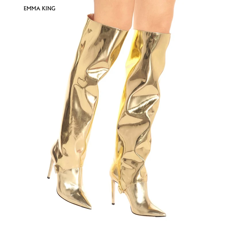 Functional Gold Liquid Mirror PU Two-Piece Knee High Boots Beautifully Crafted in two Parts Ankle Booties Detachable Leg Piece | Обувь