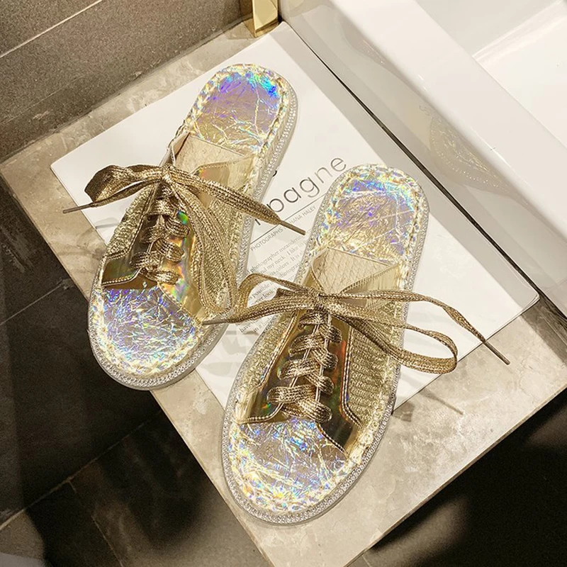 Брендовые летние женские трендовые ботинки с лазерной обработкой блестящие