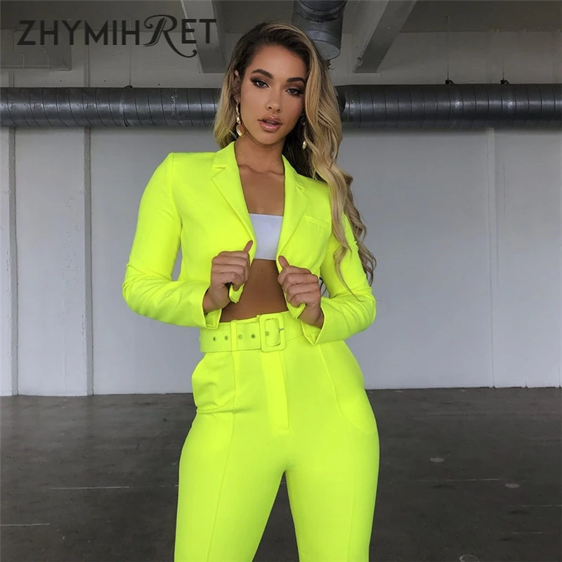 ZHYMIHRET осень неоновый цвет Блейзер и брюки женские костюмы с поясом короткая куртка офисная работа OL женские костюмы офисные наборы