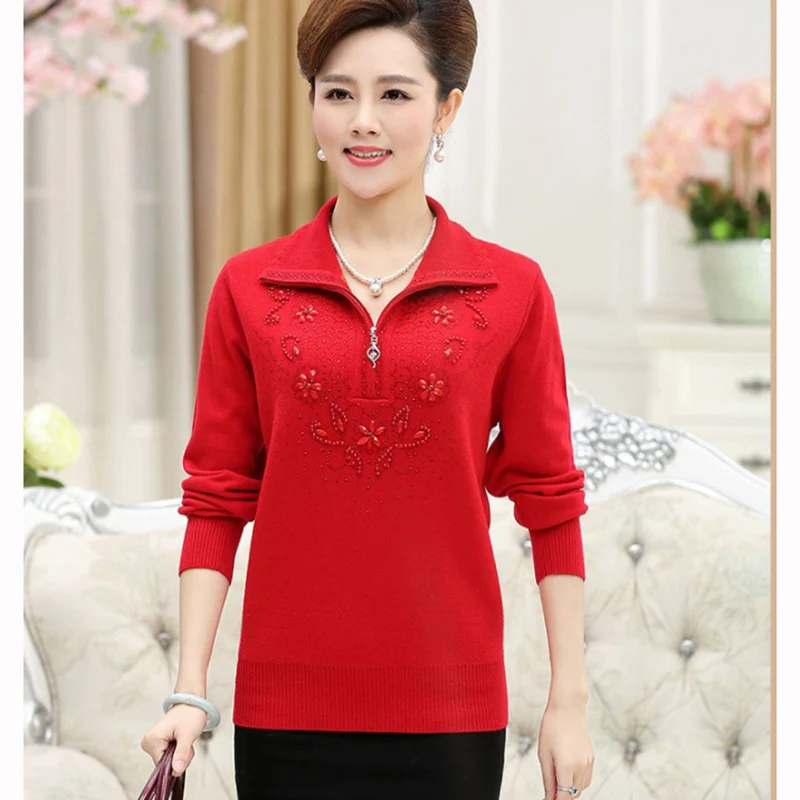 Women Knit Sweater Pullover Autumn Middle-aged Clothing Fashion Beaded Plus size 4XL Female Coats Casual Tops K980 | Женская одежда